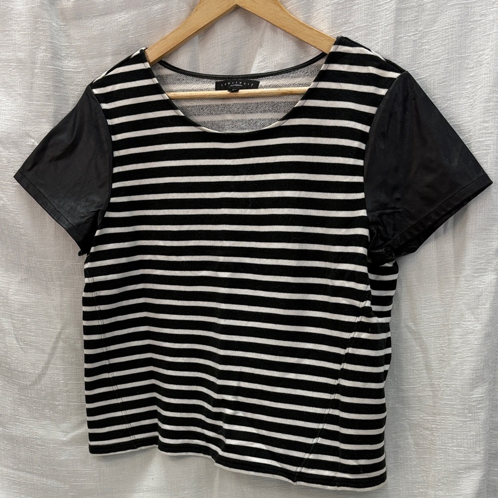 Sanctuary Black and White Striped Short Vegan Leather Sleeve Tee